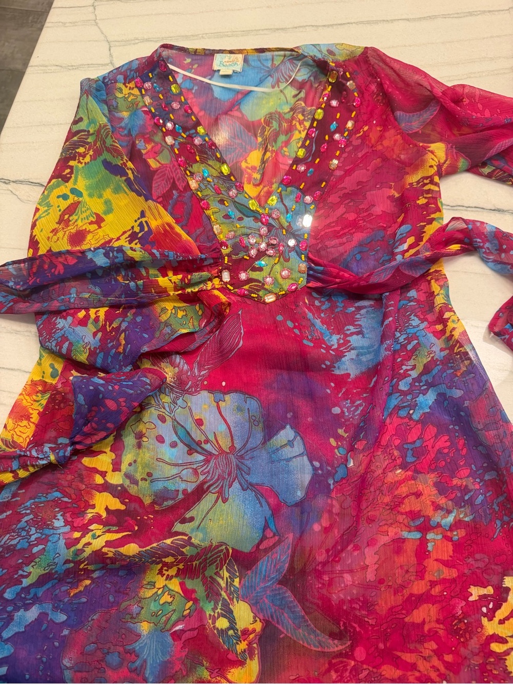 Beaded Multicolor Floral Swim Coverup Tunic